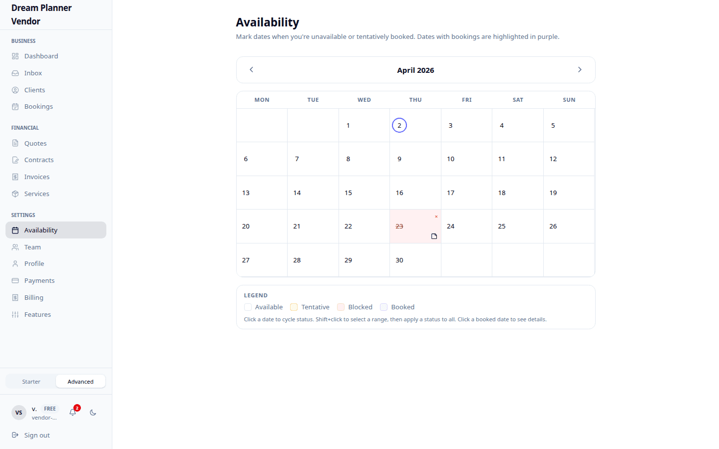 Availability calendar